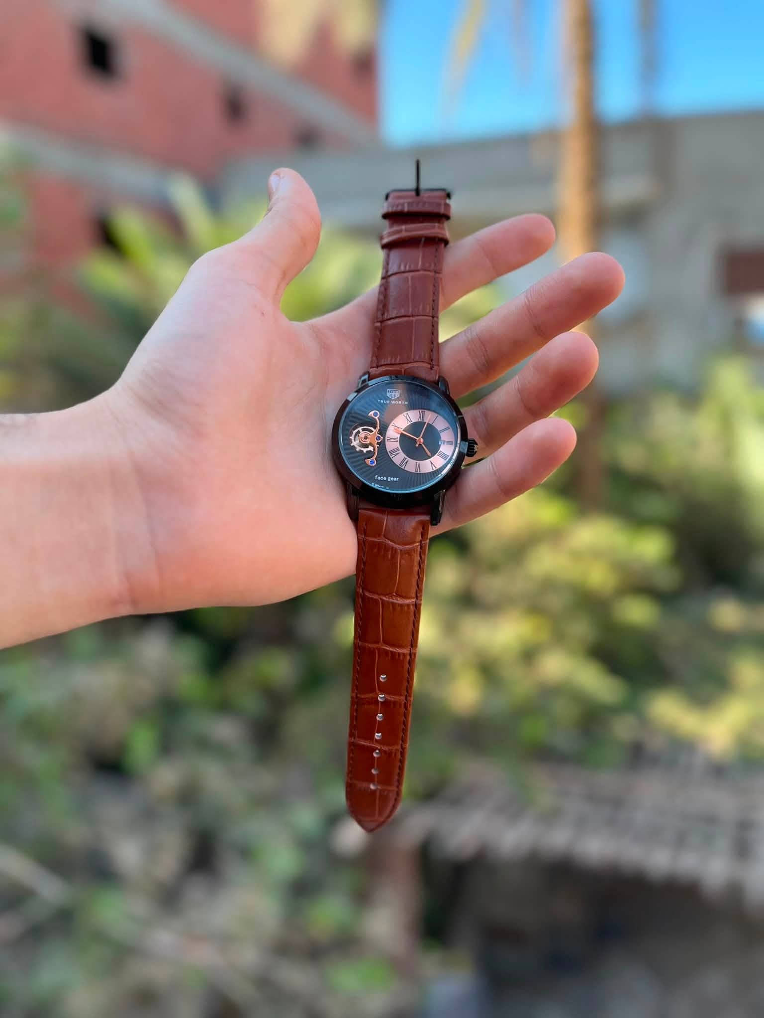 Classic Gear watch with brown leather strap front view