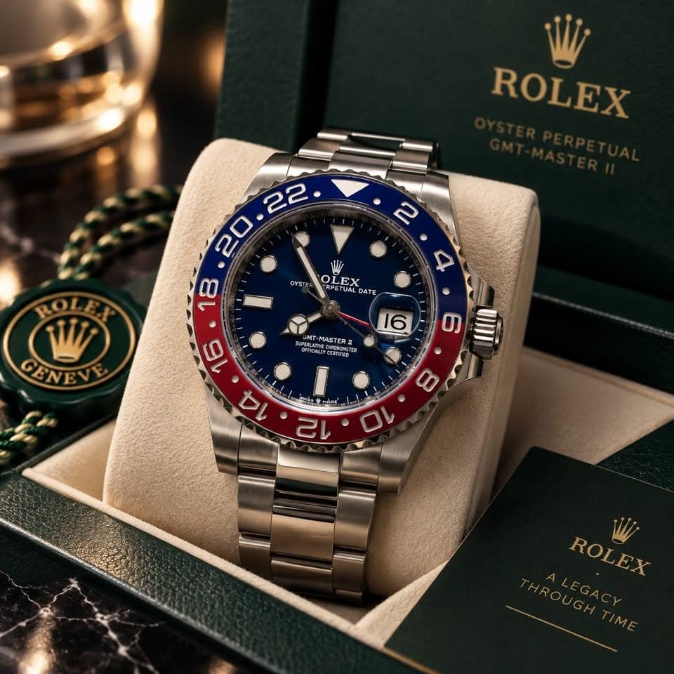 Blue dial GMT-style watch with blue and red bezel
